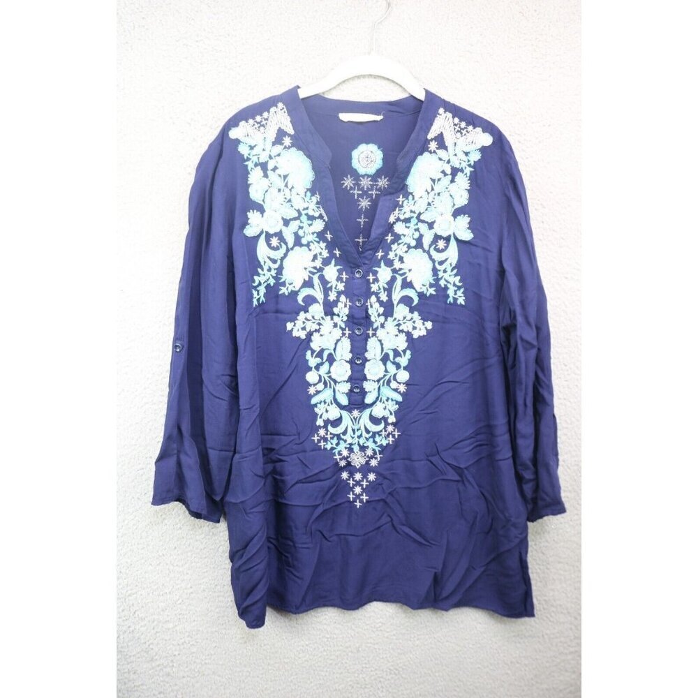 Solitaire Blue 3/4 Roll-Tabbed Sleeves Embroidered Tunic-XL-Boho-Hippie‎